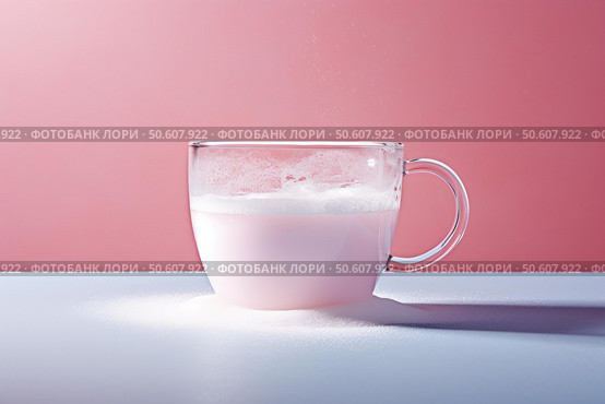 Pink drink with froth pouring sugar in a glass cup on pink and white background. Стоковое AI-изображение, AI-художник Иван Рябоконь / Фотобанк Лори