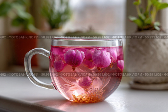Pink flower tea brewing in glass cup on windowsill. Стоковое фото, фотограф Юрий Поздников / Фотобанк Лори