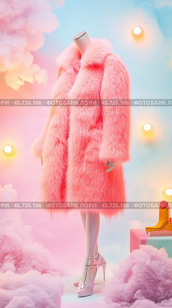 Pink fur coat displayed on mannequin in dreamlike setting with clouds and lights. Стоковое AI-изображение, AI-художник Юрий Поздников / Фотобанк Лори