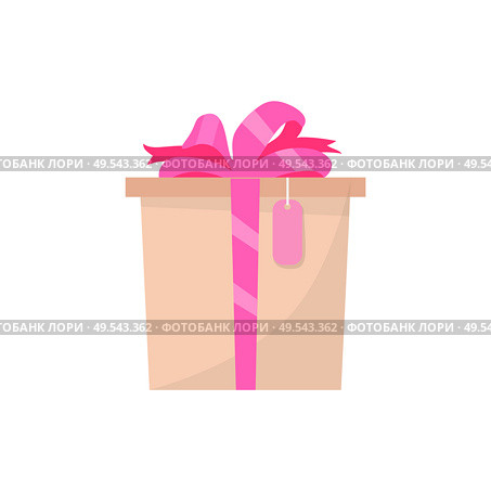 Pink gift box side view, vector present in color wrapping isolated. Surprise with price tag, topped by satin ribbon and bow, flat style illustration. Pink Gift Box Side View Vector Present in Wrapping. Стоковая иллюстрация, агентство Ingram Publishing / Фотобанк Лори