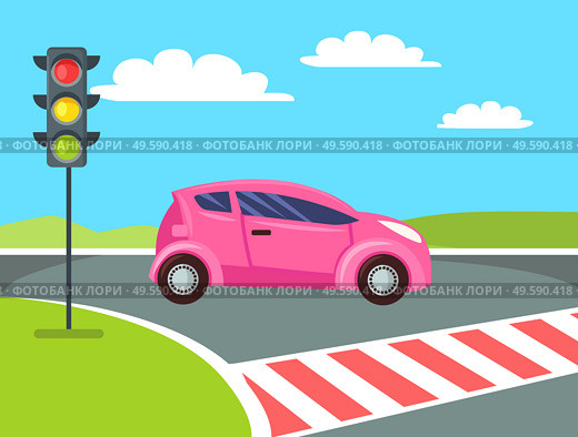 Pink mini car going to cross pedestrian crossing, traffic lights and road. Vector women vehicle at crosswalk, rules of driving concept, empty way in front of auto. Flat cartoon. Pink Mini Car Going to Cross Pedestrian Crossing. Стоковая иллюстрация, агентство Ingram Publishing / Фотобанк Лори