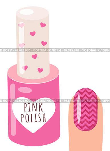 Pink nail polish and a woman s hand with a pattern on the nail, varnish manicure salon accessory. Nail rose polish bottle with cap with hearts, cute container with lacquer, hand care and beauty. Pink nail polish and a woman s hand with a pattern on the nail, varnish manicure salon accessory. Стоковая иллюстрация, агентство Ingram Publishing / Фотобанк Лори