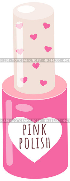Pink nail polish, isolated on white closed bottle with colored nail varnish manicure salon accessory. Nail rose polish bottle with cap with hearts, cute container with lacquer, hand care and beauty. Pink nail polish, isolated on white closed bottle with colored nail varnish manicure salon accessory. Стоковая иллюстрация, агентство Ingram Publishing / Фотобанк Лори