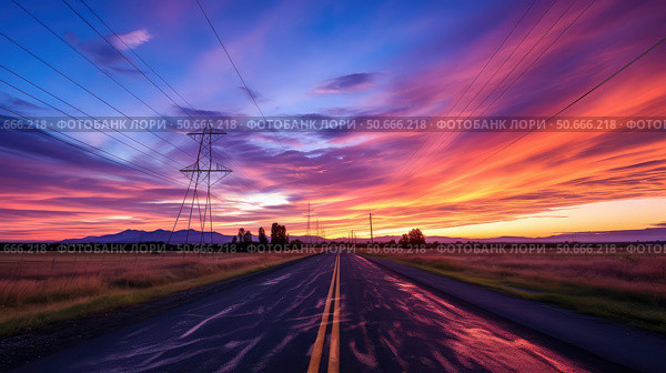 pink powerlines road ai generated. Стоковое AI-изображение, AI-художник Vectorwin / Фотобанк Лори