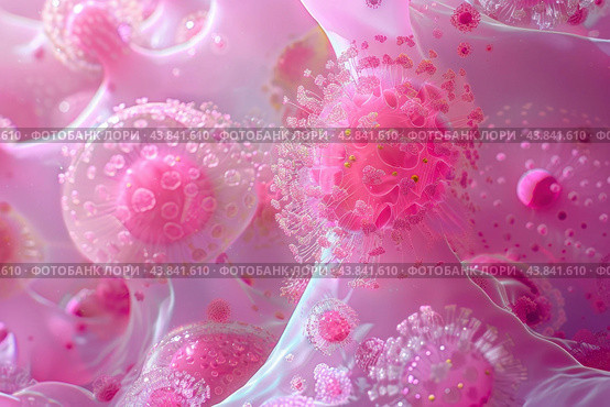 Pink virus particles invading cells. Стоковое AI-изображение, AI-художник Иван Рябоконь / Фотобанк Лори