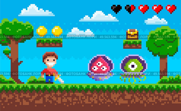 Pixel game, cavalier with steel and ufo war, coins on ground step, heart and cloudy sky, green trees, screen of duel between knight and monster vector, pixelated objects for video-game. Duel of Knight and Monster, Characters War Vector. Стоковая иллюстрация, агентство Ingram Publishing / Фотобанк Лори