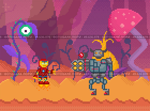 Pixel game interface layout design. Angry iron pixelated monster with horns fighting character. Unidentified flying object goes to astronauts. Alien attacks pixelated warrior in red cosmic suit. Pixel game interface layout design. Angry iron pixelated monster with horns fighting character. Стоковая иллюстрация, агентство Ingram Publishing / Фотобанк Лори