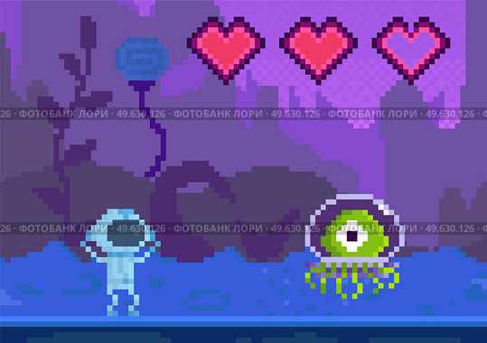 Pixel game interface layout design. Cartoon character goes to unidentified object. Alien attacks astronaut with incomplete health. Man raises his hands up and looks through helmet at danger. Character goes to unidentified object. Danger alien attacks astronaut with incomplete health. Стоковая иллюстрация, агентство Ingram Publishing / Фотобанк Лори