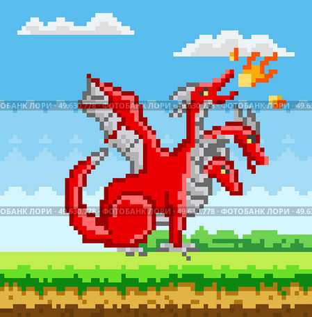 Pixel monster character red three-headed dragon. Pixelated dinosaur with wings breathes fire in nature landscape. Art app pixel-games. Fantastic creature magic animal. Fairytale negative personage. Pixel red three-headed dragon. Pixelated dinosaur with wings breathes fire in nature landscape. Стоковая иллюстрация, агентство Ingram Publishing / Фотобанк Лори