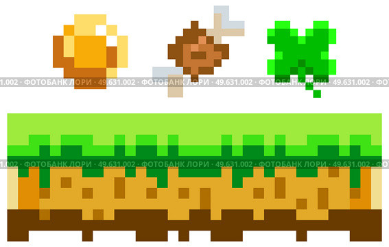 Pixelated symbols of items collected during game against background of ground and grass platform. Pixel-game interface layout design with golden coin, leaf, meat bone. Pixel 8 bit retro video game. Pixelated symbols of items collected during game against background of ground and grass platform. Стоковая иллюстрация, агентство Ingram Publishing / Фотобанк Лори