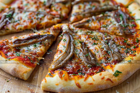 Pizza with mozzarella cheese and anchovies slices lying on wooden board. Стоковое AI-изображение, AI-художник Иван Рябоконь / Фотобанк Лори