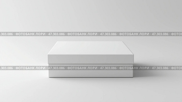 Plain white box on a simple background waiting to be opened. Простая белая коробка расположена на гладком светлом фоне. Минималистичный дизайн подчеркивает ее универсальность, приглашая узнать, что лежит внутри. Стоковое AI-изображение, AI-художник Katsiaryna Repich / Фотобанк Лори