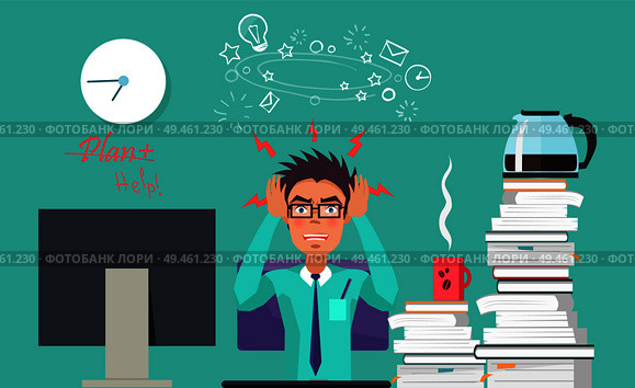 Plan help poster of angry man irritated because of deadlines, holding his head in hands trying to get new ideas to solve problems vector illustration. Plan Help Poster of Angry Man Vector Illustration. Стоковая иллюстрация, агентство Ingram Publishing / Фотобанк Лори