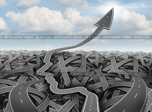 Planning and success strategy as tangled confused three dimensional group of roads and highways and a clear path in the shape of a human head as a detour past the confusion going up into an arrow aiming at the sky. Стоковое фото, агентство Ingram Publishing / Фотобанк Лори
