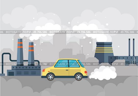 Plant or industrial factory building and car with smoking chimneys, smoke in air, waste pollution. Manufacturing factory premice. Oil rig and industrial transport, exhaust gas car pollute environment. Plant or industrial factory building and car with smoking chimneys, smoke in air, waste pollution. Стоковая иллюстрация, агентство Ingram Publishing / Фотобанк Лори