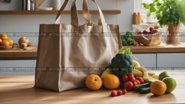 Plastic free and zero waste sustainable lifestyle. Reusable mesh bag and eco tote shopping bag made from recycled cotton fabric. Стоковое AI-видео, аниматор Ирина Старикова / Фотобанк Лори