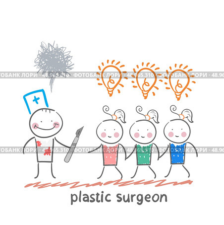 plastic surgeon holding a scalpel and looks at patients with ideas. Стоковая иллюстрация, агентство Ingram Publishing / Фотобанк Лори