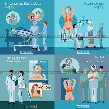 Plastic surgery concept 4 flat icons square . Body correction and facial  plastic surgery concept 4 flat icons square composition banner abstract isolated vector illustration. Стоковая иллюстрация, агентство Ingram Publishing / Фотобанк Лори