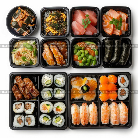 Plastic trays containing variety of japanese food including sushi rolls, nigiri, sashimi, and cooked dishes. Стоковое AI-изображение, AI-художник Иван Рябоконь / Фотобанк Лори