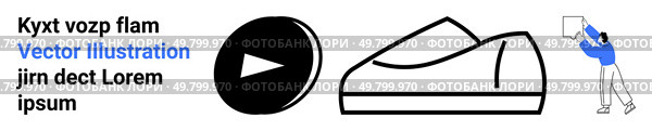 Play button symbol, outlined shoe, person holding a sign, editable text elements. Ideal for digital media, e-commerce, advertising, promotions, social media posts, marketing materials. Landing page. Play Button, Shoe, and Person Holding Sign with Blue Elements and Editable Text. Стоковая иллюстрация, агентство Ingram Publishing / Фотобанк Лори