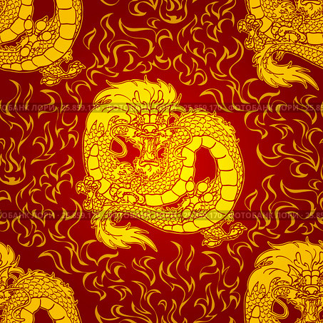 Playfu Gold Asian dragon fire pattern. Стоковая иллюстрация, иллюстратор Анастасия Некрасова / Фотобанк Лори