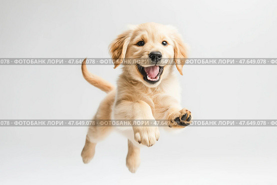 Playful golden retriever puppy jumps with joy indoors during daylight. Игривый щенок золотистого ретривера прыгает от радости на белом фоне. Стоковое AI-изображение, AI-художник Katsiaryna Repich / Фотобанк Лори