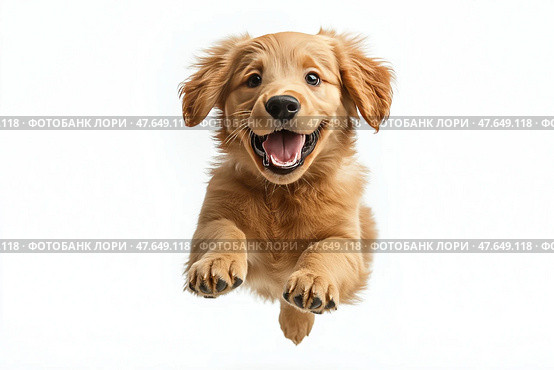Playful golden retriever puppy jumps with joy indoors during daylight. Игривый щенок золотистого ретривера прыгает от радости на белом фоне. Стоковое AI-изображение, AI-художник Katsiaryna Repich / Фотобанк Лори