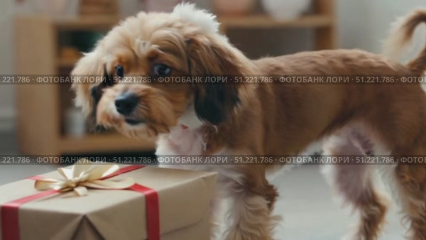 Playful puppy unwrapping festive gift box, red ribbon gleaming, showcasing canine wonder during holiday surprise moment. Стоковое AI-видео, аниматор Юрий Поздников / Фотобанк Лори