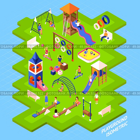 Playground Park Poster. Poster of playgrond slides obstacles and other on green islet and playing children isometric 3d vector illustration. Стоковая иллюстрация, агентство Ingram Publishing / Фотобанк Лори