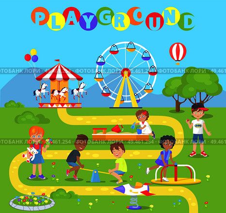 Playground with attractions full of little kids. Neat lawn, classic carousel, big ferris wheel and small swings cartoon flat vector illustration.. Playground with Attractions Full of Little Kids. Стоковая иллюстрация, агентство Ingram Publishing / Фотобанк Лори