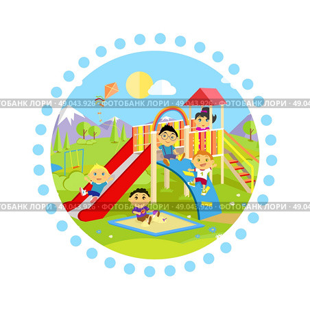 Playground with slide and children. Park play kid, outdoor childhood, equipment and ladder, happiness and recreational, nature and leisure, recreation and summer illustration. Стоковая иллюстрация, агентство Ingram Publishing / Фотобанк Лори