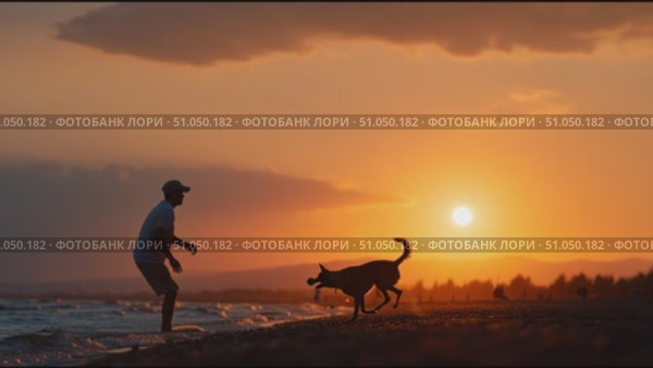 Playing fetch with a dog during sunset at the beach. Стоковое AI-видео, аниматор Сергей Толмачёв / Фотобанк Лори
