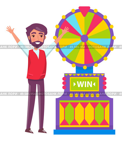 Playing games in casino vector, man spinning fortune wheel isolated character. Bearded person raising hands up of success, slot machine with pointer. Man Spinning Fortune Wheel, Lucky Gambler Gambling. Стоковая иллюстрация, агентство Ingram Publishing / Фотобанк Лори