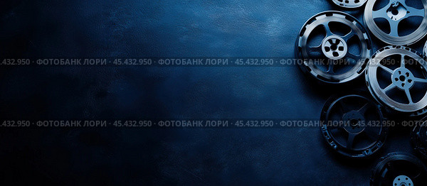 Плоская раскладка винтажных кинолент на темно-синей поверхности, вызывающая ностальгию и историю кинематографа. Идеально подходит для концепций, связанных с кино. Стоковое AI-изображение, AI-художник ФотоИнтеллект / Фотобанк Лори