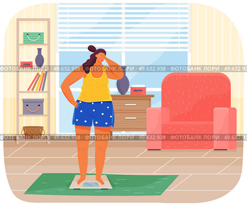 Plump woman stands on scales in living room at home, lady upset with weight. Woman unhappy with parameters of her body. Female began to engage in her body. Overweight girl wants to be healthy, slim. Plump woman stands on scales, lady upset with weight. Woman unhappy with parameters of her body. Стоковая иллюстрация, агентство Ingram Publishing / Фотобанк Лори