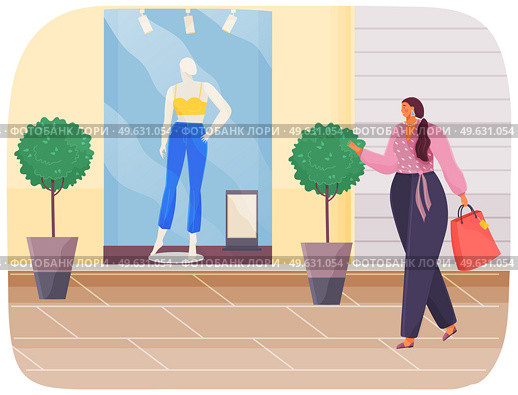 Plump woman with package looks at shop window with dummy. Overweight woman dreams of health and athletic body. Girl thinks about healthy lifestyle. Fat person on background of store with clothes. Plump woman with package looks at shop window with dummy, dreams of health and athletic body. Стоковая иллюстрация, агентство Ingram Publishing / Фотобанк Лори