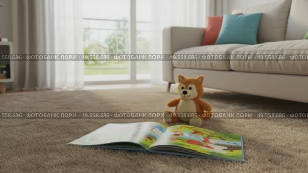 Plush toy fox sitting beside open storybook on living room carpet. Стоковое AI-видео, аниматор KATERINA AI / Фотобанк Лори