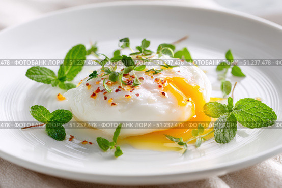 Poached egg on a white background. Close up of Eggs Benedict with liquid egg yolk running out. healthy breakfast. Close-up, macro. High key, studio. Delicious eggs served on a plate with fresh herbs. Стоковое AI-изображение, AI-художник Марина Демидюк / Фотобанк Лори