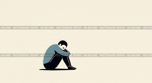 Подавленный человек сидит на полу, свернувшись в клубок. Концепция апатии, депрессии, одиночества и психического здоровья. Минималистичная иллюстрация в стиле шелкографии, пространство для текста. Редакционное AI-изображение, AI-художник Ирина Першина / Фотобанк Лори