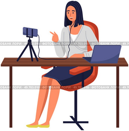 Podcaster woman character in office room interior. Girl listening audio podcast and speaking at live streaming use smartphone and laptop on her vlog. Podcaster making, blogger, technology concept. Podcaster woman character in office room interior. Girl listening audio podcast. Стоковая иллюстрация, агентство Ingram Publishing / Фотобанк Лори