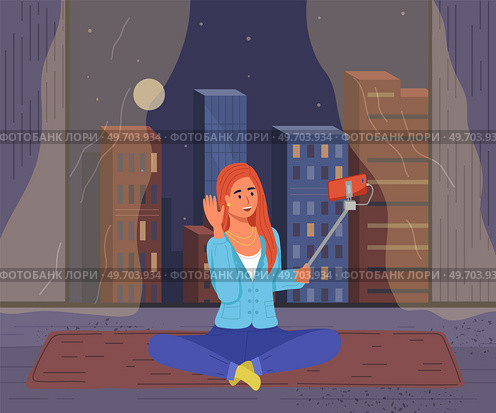 Podcaster woman character in office room interior. Girl listening audio podcast and speaking at live streaming use smartphone and laptop on her vlog. Podcaster making, blogger, technology concept. Podcaster woman character in office room interior. Girl listening audio podcast. Стоковая иллюстрация, агентство Ingram Publishing / Фотобанк Лори