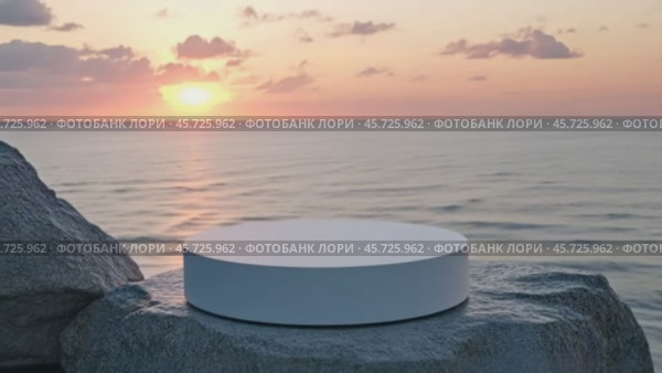 Podium. White Round marble podium against calm ocean sunset. Empty mockup circle concrete pedestal on sea. Natures beauty. Minimal stage. Cosmetic product Showcase display case. Front view. Mock up ad. Стоковое AI-видео, аниматор Марина Демидюк / Фотобанк Лори