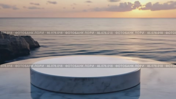 Podium. White Round marble podium against calm ocean sunset. Empty mockup circle concrete pedestal on sea. Natures beauty. Minimal stage. Cosmetic product Showcase display case. Front view. Mock up ad. Стоковое AI-видео, аниматор Марина Демидюк / Фотобанк Лори