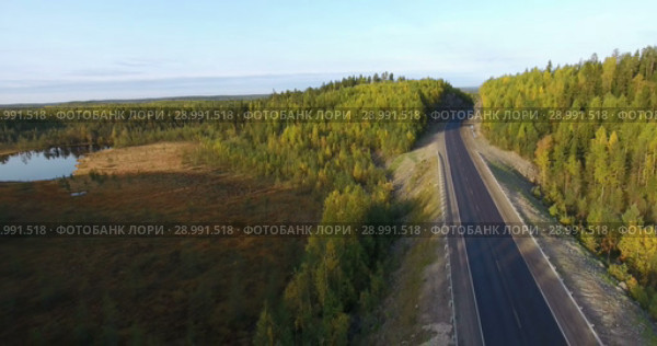 Полет вдоль лесной автомобильной трассы, проходящей в хвойном лесу, среди озер и болот. Карелия. Стоковое видео, видеограф Кекяляйнен Андрей / Фотобанк Лори