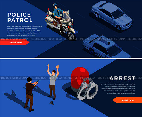 Police isometric horizontal banners set with police patrol symbols isolated vector illustration. Police Banners Set. Стоковая иллюстрация, агентство Ingram Publishing / Фотобанк Лори