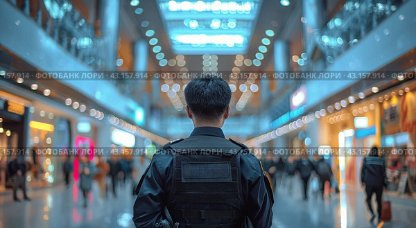 Police Officer Standing in Shopping Mall. Стоковое AI-изображение, AI-художник Юлия Гапеенко / Фотобанк Лори