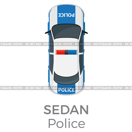 Police sedan top view icon. Modern patrol car with flashlights on roof flat vector isolated on white background. Emergency vehicle illustration for urban transport concepts and infographics design. Police Sedan Top View Flat Vector Icon. Стоковая иллюстрация, агентство Ingram Publishing / Фотобанк Лори