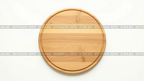 Polished light brown round wooden cutting board with beveled edges and natural grain patterns on a white background. Стоковое AI-изображение, AI-художник Андрей Бакусов / Фотобанк Лори