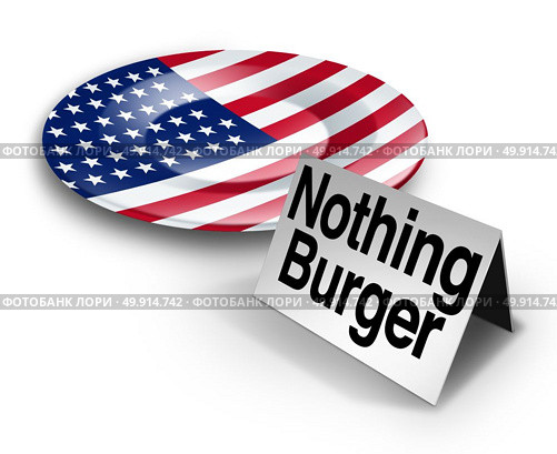 Political nothing burger or nothingburger phrase concept as an empty plate with an American flag representing fake news investigation or insignificant media information that lacks substance or guilt as a politics hoax 3D illustration. Стоковое фото, агентство Ingram Publishing / Фотобанк Лори