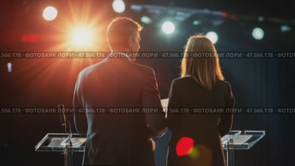 Politicians discussing strategy before public speech on stage. Стоковое AI-видео, аниматор Юрий Поздников / Фотобанк Лори